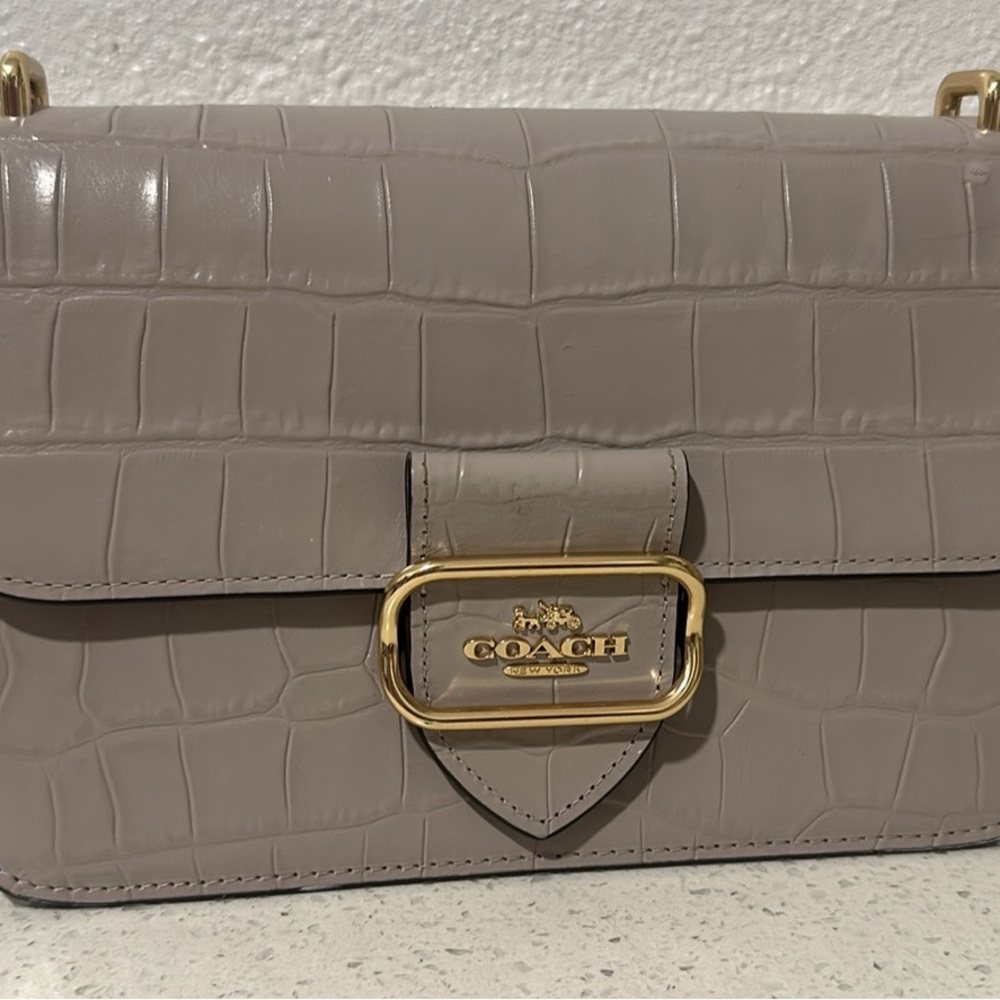 Coach Gray Croc-Embossed Shoulder Bag with Gold Hardware